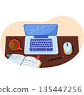 Creative workplace laptop top view vector cartoon 135447256