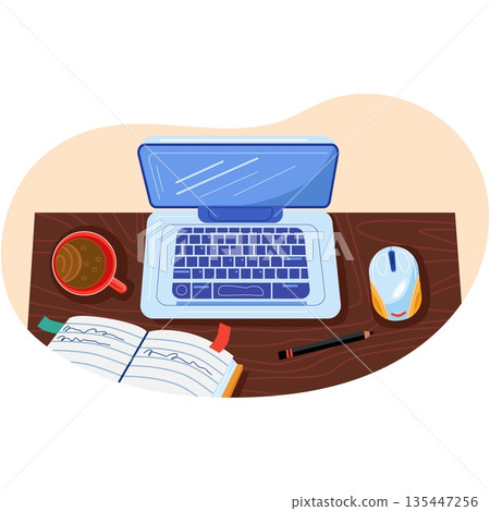 Creative workplace laptop top view vector cartoon 135447256