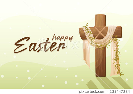 Christian Easter cross illustration with wooden crucifix cloth and spring branches in soft flat style Christian Easter cross illustration with wooden crucifix cloth and spring branches in soft flat style 135447284