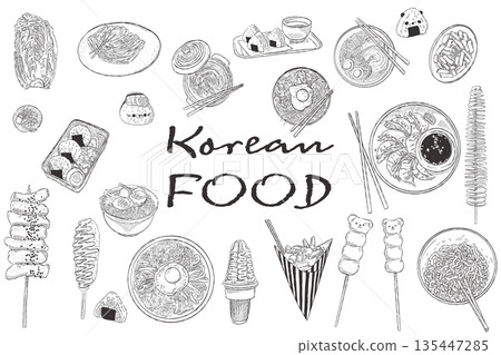 Hand drawn Korean food illustration set with traditional dishes and street food elements Hand drawn Korean food illustration set with traditional dishes and street food elements 135447285