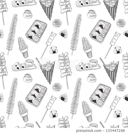 Hand drawn seamless Korean food pattern with bowls noodles and rice snacks 135447286