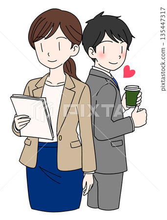Illustration of a man with a crush on a woman, workplace romance, with hearts Illustration of a man with a crush on a woman, workplace romance, with hearts 135447317