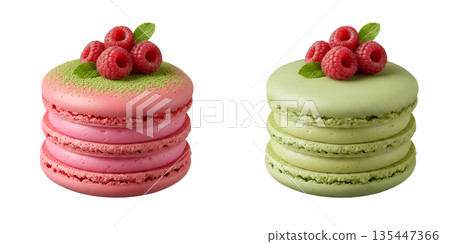 Vibrant assortment of gourmet macarons in matcha green and raspberry pink, with fresh raspberries, isolated. Perfect for patisserie and gifts Vibrant assortment of gourmet macarons in matcha green and raspberry pink, with fresh raspberries, isolated. Perfect for patisserie and gifts 135447366