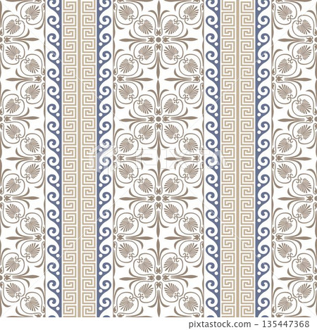 Seamless pattern classical goldeb blue Greek motifs stylized acanthus palmette, key fret border, floral meander. Seamless background from floral ornament. Fashionable modern wallpaper or textile, tile Seamless pattern classical goldeb blue Greek motifs stylized acanthus palmette, key fret border, floral meander. Seamless background from floral ornament. Fashionable modern wallpaper or textile, tile 135447368