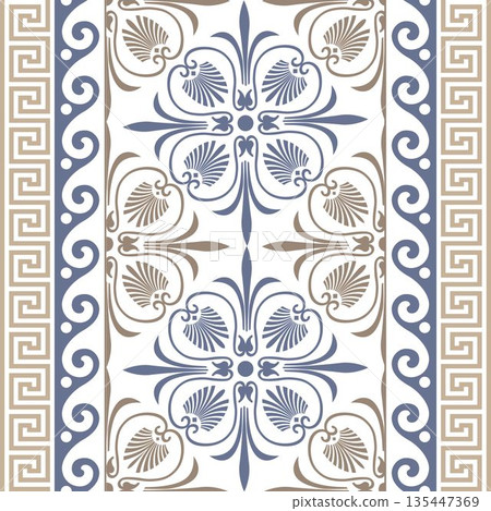 Seamless pattern illustration in traditional style - like Portuguese tiles. Seamless vertical pattern classical Greek motifs: stylized acanthus palmette center, key fret border, floral meander. Tile 135447369