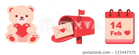 Cute vector icons for Valentines Day: a teddy bear with a heart, a red mailbox with a love letter, and a calendar marking February 14th. Sweet and festive. Stickers, scrapbook 135447370