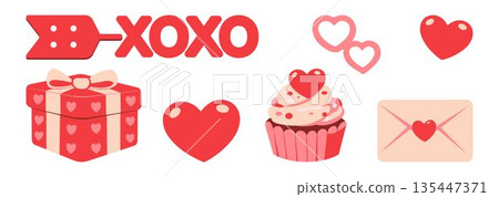 Valentines day vector illustration with hearts, gift box, cupcake and envelope. Stickers, scrapbook 135447371