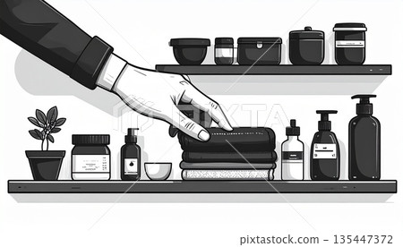 時尚收納架和把手的扁平化設計。室內整理、收納和家事服務的廣告插頁 135447372