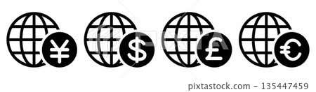 Exchange and international finance icon set of yen, dollar, euro, pound and earth 135447459