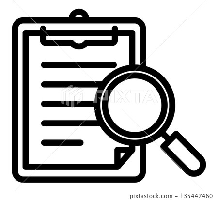 A simple icon of a clipboard and magnifying glass representing document check and document confirmation A simple icon of a clipboard and magnifying glass representing document check and document confirmation 135447460