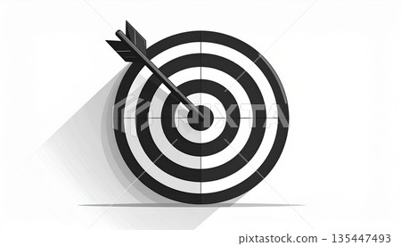一個簡單的單色靶心和箭頭圖示。此圖像代表行銷策略、精準分析和正確答案。 135447493