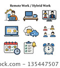 Remote work hybrid work home office laptop video call cloud storage online meeting calendar checklist and time management icons illustrate modern flexible work concepts 135447507