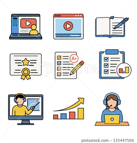 Online learning video tutorial digital notebook certificate checklist report virtual classroom progress chart customer support 135447508