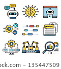 Artificial intelligence icons including chatbot brain AI interface gears flowchart prompt text image code robotic arm and data analysis representing technology and automation concepts 135447509