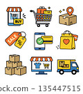Online shopping icon set shopping cart delivery box sale tag credit card payment shopping bag stacked boxes storefront delivery truck colorful cheerful 135447515