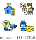 Smart home technology, automation, and security concept with wireless control, energy management, surveillance camera, smart watch, and robotic vacuum cleaner icons 135447516