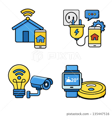 Smart home technology, automation, and security concept with wireless control, energy management, surveillance camera, smart watch, and robotic vacuum cleaner icons 135447516