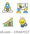 Startup concept innovation teamwork growth and creative idea illustrated with rocket light bulb chart and people icons expressing motivation and progress 135447517