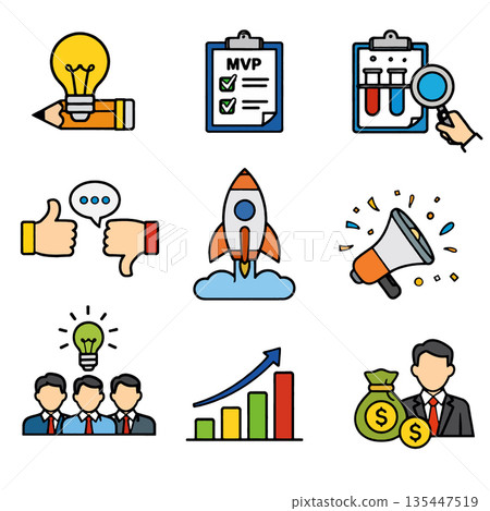 Light bulb pencil checklist test tube magnifying glass thumbs up thumbs down rocket megaphone business team idea growth chart businessman money and success icons illustrate business concepts 135447519