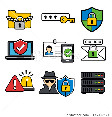 Cybersecurity icon set featuring folder with lock password key shield laptop with shield ID card smartphone secure email warning sign alarm spy figure and server conveying digital security Cybersecurity icon set featuring folder with lock password key shield laptop with shield ID card smartphone secure email warning sign alarm spy figure and server conveying digital security 135447521
