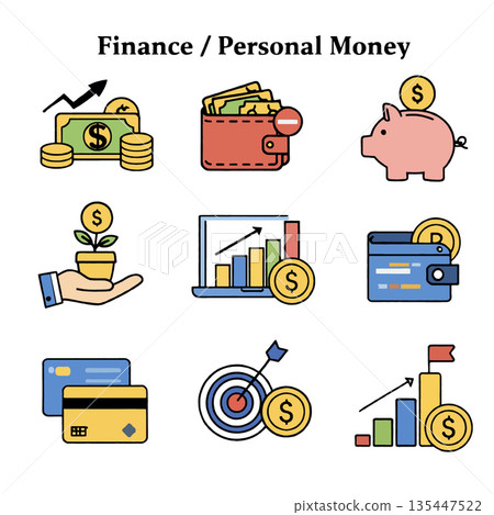 Finance wallet piggy bank investment growth chart credit card target savings and money management icons illustrate personal finance concepts with colorful cheerful style Finance wallet piggy bank investment growth chart credit card target savings and money management icons illustrate personal finance concepts with colorful cheerful style 135447522