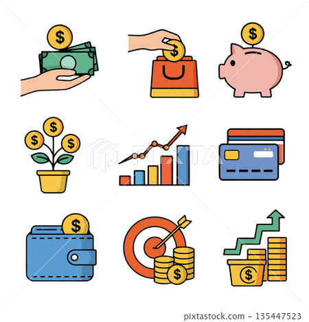 Money finance saving investment wallet credit card shopping growth and target are illustrated with colorful icons expressing financial planning and economic success Money finance saving investment wallet credit card shopping growth and target are illustrated with colorful icons expressing financial planning and economic success 135447523