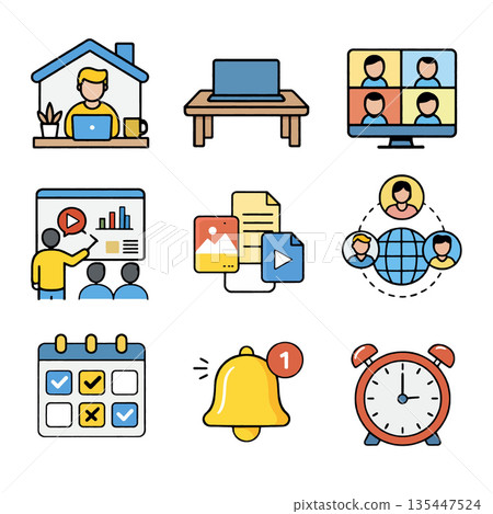 Remote work home office laptop video call online meeting presentation digital file global team schedule notification alarm clock Remote work home office laptop video call online meeting presentation digital file global team schedule notification alarm clock 135447524
