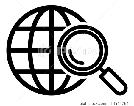 A simple icon of a globe and a magnifying glass for global search and research A simple icon of a globe and a magnifying glass for global search and research 135447643