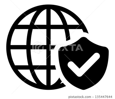 A simple icon of global security, featuring a globe and a shield with a check mark A simple icon of global security, featuring a globe and a shield with a check mark 135447644