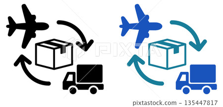 飛機和卡車組成的國際運輸流程圖標 飛機和卡車組成的國際運輸流程圖標 135447817