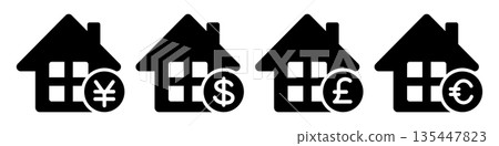 A set of icons of houses and currency symbols representing housing prices and currencies around the world 135447823