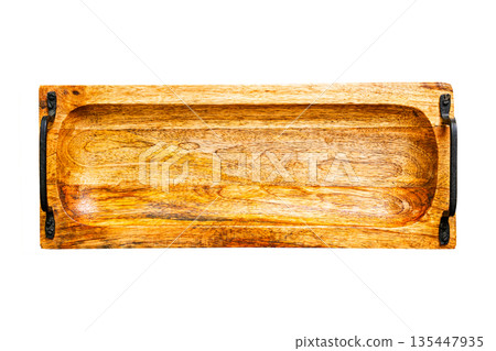 Top view brown rectangular wooden tray with black metal handles isolated on white background. 135447935