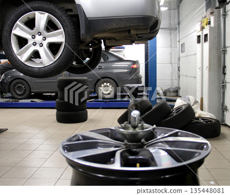 Wheel Repair Workshop At Vehicle Service Station  135448081