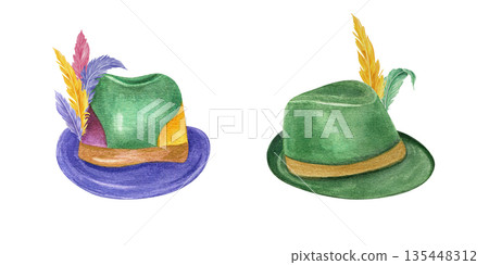 Watercolor two carnival colorful felt hats with colored feathers clip art illustration on isolated background. Fabric festival clothing accessories in green, yellow, purple color for Mardi gras parade 135448312