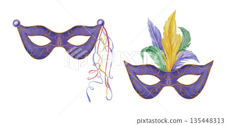 Carnival party masks with golden stars colored swirl ribbons and colorful bird feathers watercolor illustration on isolated background. Purim, Fat Tuesday and Mardi Gras masquerade festival attributes Carnival party masks with golden stars colored swirl ribbons and colorful bird feathers watercolor illustration on isolated background. Purim, Fat Tuesday and Mardi Gras masquerade festival attributes 135448313