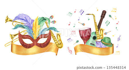 Music instrument, carnival attributes and golden banner for text. Percussion, wind and string instruments, masks with feathers and Fat Tuesday accessories for Mardi gras invitation cards Music instrument, carnival attributes and golden banner for text. Percussion, wind and string instruments, masks with feathers and Fat Tuesday accessories for Mardi gras invitation cards 135448314