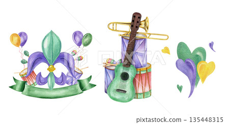 Watercolor musical instruments, fleur de lis symbol with balloons, hearts set isolated illustration. Carnival emblem, accessories for New Orleans parade invitation, Mardi Gras greeting card Watercolor musical instruments, fleur de lis symbol with balloons, hearts set isolated illustration. Carnival emblem, accessories for New Orleans parade invitation, Mardi Gras greeting card 135448315