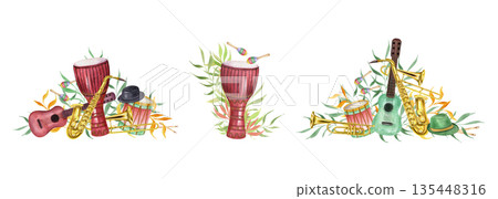 Watercolor carnival musical instruments among abstract green orange leaves clip art illustration on isolated background. Guitar, saxophone, djembe drum, maraca. Brazilian, Mardi Gras composition Watercolor carnival musical instruments among abstract green orange leaves clip art illustration on isolated background. Guitar, saxophone, djembe drum, maraca. Brazilian, Mardi Gras composition 135448316