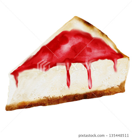 Cheesecake watercolor. Hand drawn classic pie with topping. Clip art of american pastry on isolated white background. Ideal for bakery menu, coffee shop and recipe books Cheesecake watercolor. Hand drawn classic pie with topping. Clip art of american pastry on isolated white background. Ideal for bakery menu, coffee shop and recipe books 135448511
