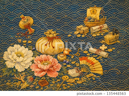 Peony flowers and treasures on a background of Seigaiha 135448563