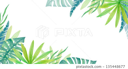 Watercolor tropical corner border with green jungle leaves isolated on white. Botanical illustration clipart with exotic foliage.  135448677
