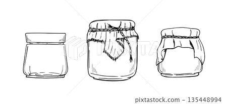 Glass jars with jam, honey or preserves clip art outline vector isolated illustration. Etching drawing of healthy conservation. Hand drawn natural products in glass covered with craft textile Glass jars with jam, honey or preserves clip art outline vector isolated illustration. Etching drawing of healthy conservation. Hand drawn natural products in glass covered with craft textile 135448994