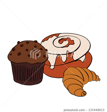 Bakery stickers in retro cartoon style. Muffin, cinnabon, croissant Freshly baked collection doodle illustration composition hand drawn illustration. Vector graphic line ink colored art. Bakery stickers in retro cartoon style. Muffin, cinnabon, croissant Freshly baked collection doodle illustration composition hand drawn illustration. Vector graphic line ink colored art. 135449013