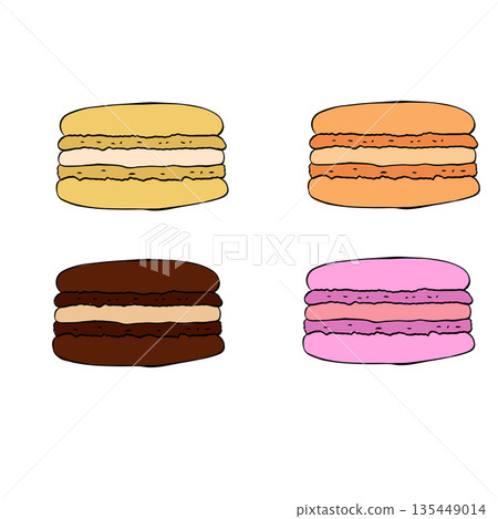Macarons, Macaron Drawn Vector Image, Decorative Macaron Vector Image, Colorful Macaron Clip Art. composition hand drawn illustration. Vector graphic line ink colored art. 135449014