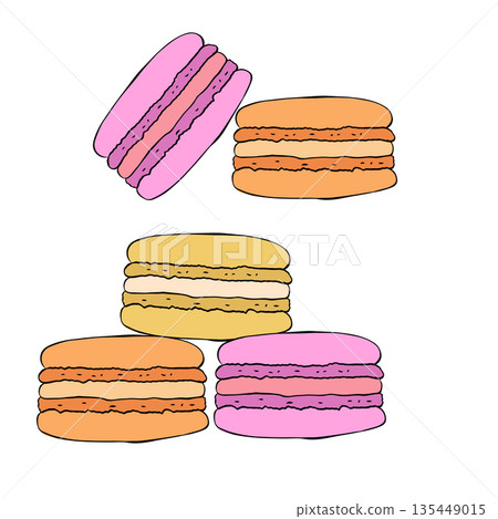 Colorful Macarons Stack Vector Illustration composition hand drawn illustration. Vector graphic line ink colored art. For logo, web, package, sticker. 135449015
