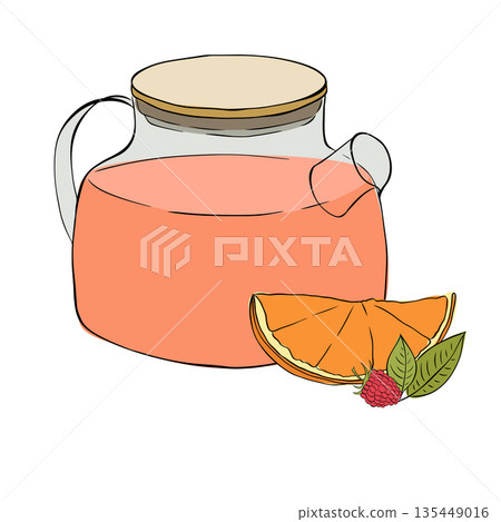 Glass teapot filled with warm red spiced tea containing orange slices, composition hand drawn illustration. Vector graphic line ink colored art. for cooking, condiment and culinary ingredient Glass teapot filled with warm red spiced tea containing orange slices, composition hand drawn illustration. Vector graphic line ink colored art. for cooking, condiment and culinary ingredient 135449016
