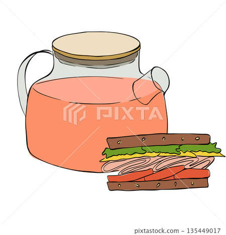 Summer Lunch Lemonade Jug, Sandwich and Burger Vector Illustration composition hand drawn illustration. Vector graphic line ink colored art. For logo, web, package, sticker. Summer Lunch Lemonade Jug, Sandwich and Burger Vector Illustration composition hand drawn illustration. Vector graphic line ink colored art. For logo, web, package, sticker. 135449017