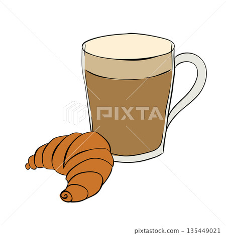 A coffee cup with a croissant and coffee beans on a white surface in a close up shot illustration composition hand drawn illustration. Vector graphic line ink colored art. 135449021