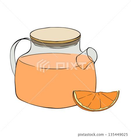 Yellow teapot with orange lemon slice composition hand drawn illustration. Vector graphic line ink colored art. for package, holiday design, fabric and textile. 135449025