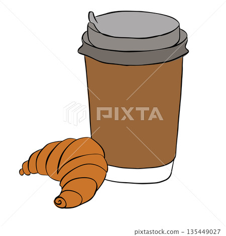 American croissant with coffee. Price tag or poster design. Set of vector illustrations. Typography. painting composition hand drawn illustration. Vector graphic line ink colored art. 135449027
